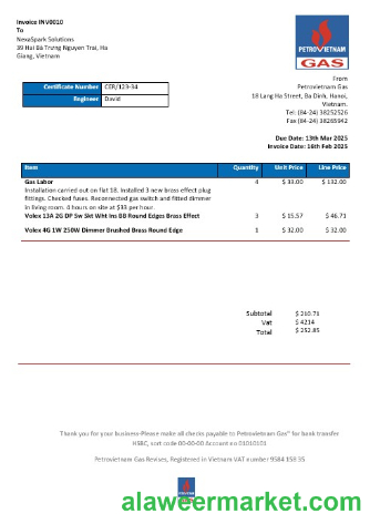 Vietnam Petrovietnam Gas business utility bill template in Word and PDF formats